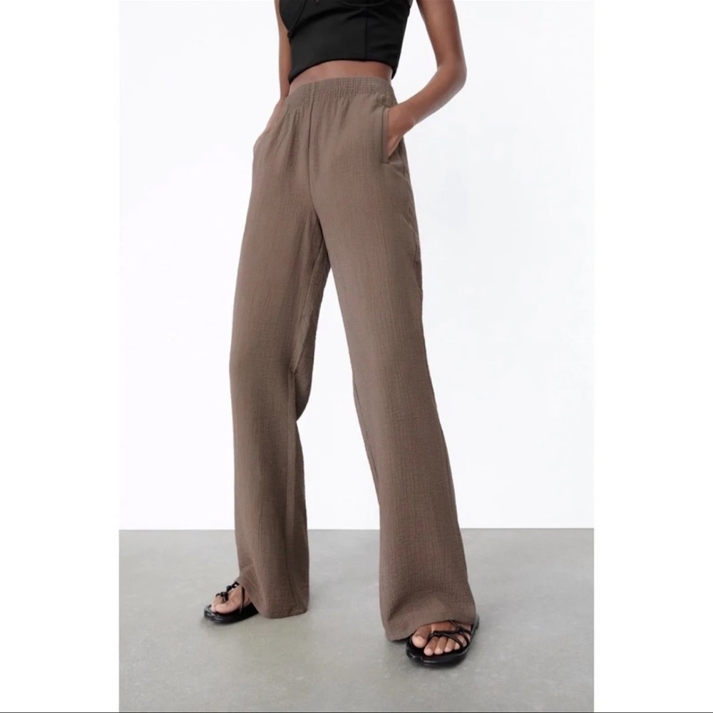 Zara Textured Straight Leg Pants Brown